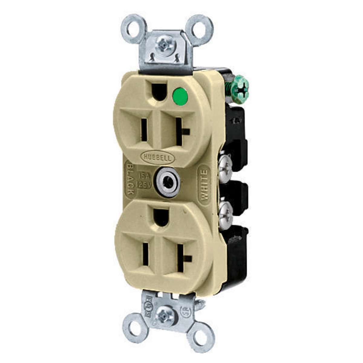 Straight Blade Devices, Receptacles, Duplex, Hospital Grade, 2-Pole 3-Wire Grounding, 20A 125V, 5-20R, Ivory, Single Pack.