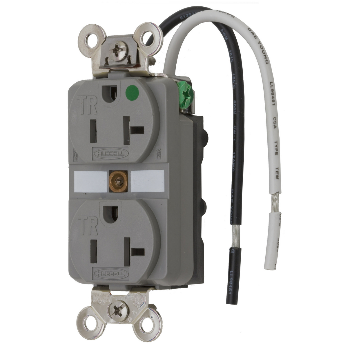 Straight Blade Duplex Receptacle, Safety Grade Hospital Grade, 2-Pole 3-Wire Grounding, 20A 125V, 5-20R