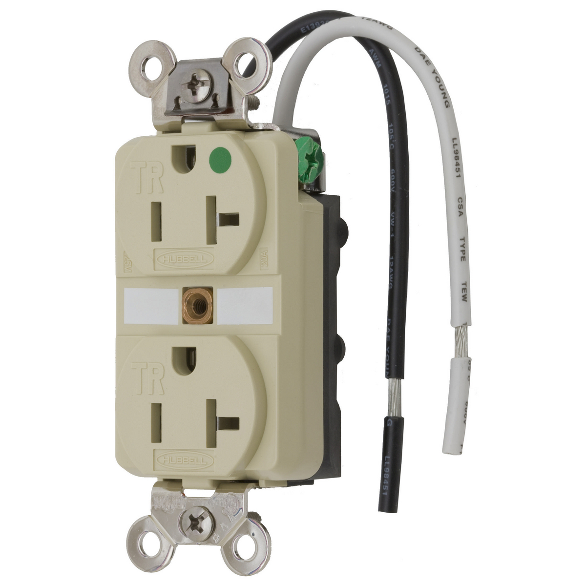 Straight Blade Devices, Receptacles, Duplex, Safety Grade Hospital Grade, 2-Pole 3-Wire Grounding, 20A 125V, 5-20R, Ivory, Single Pack.