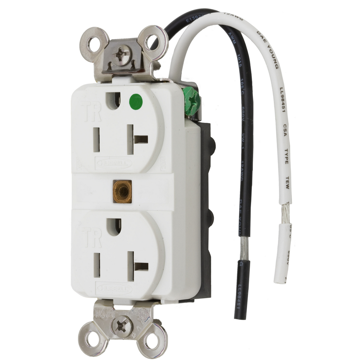 Straight Blade Devices, Receptacles, Duplex, Hospital Grade, 2-Pole 3-Wire Grounding, 20A 125V, 5-20R, White, Single Pack.