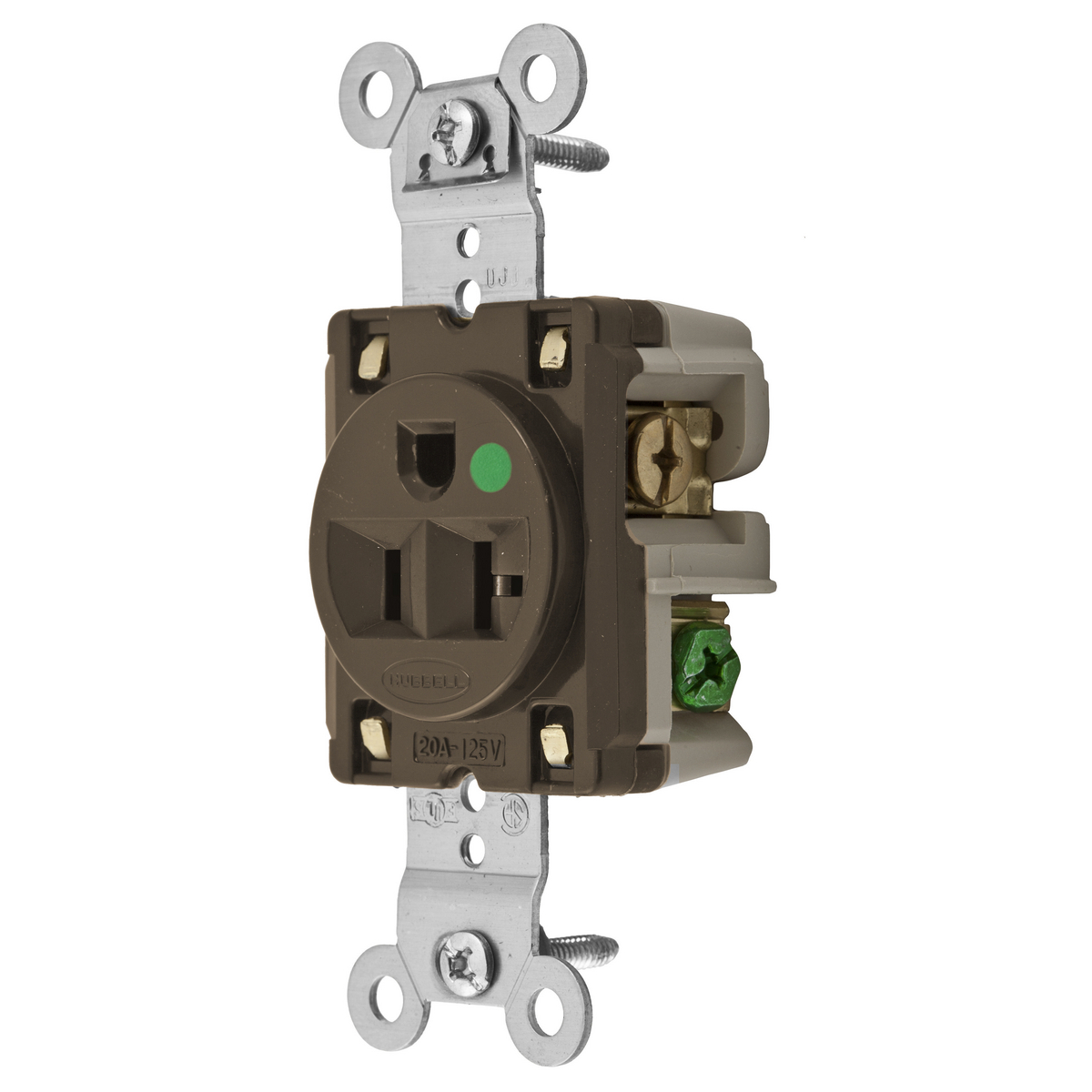 Straight Blade Devices, Receptacles, Single, Hospital Grade, 2-Pole 3-Wire Grounding, 20A 125V, 5-20R, Brown, Single Pack.