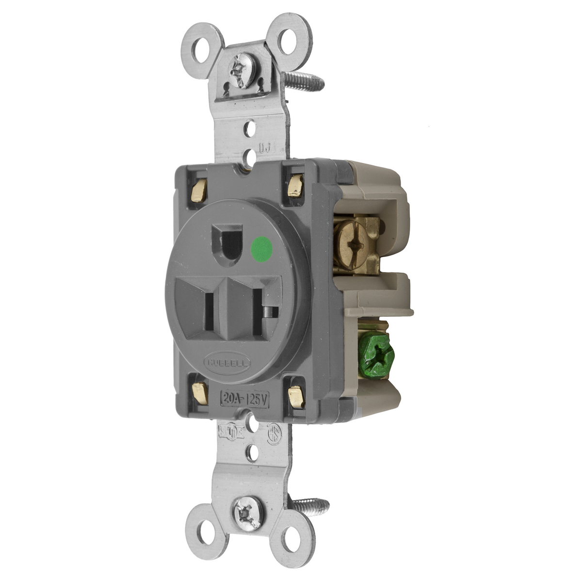 Straight Blade Devices, Receptacles, Single, Hospital Grade, 2-Pole 3-Wire Grounding, 20A 125V, 5-20R, Gray, Single Pack.