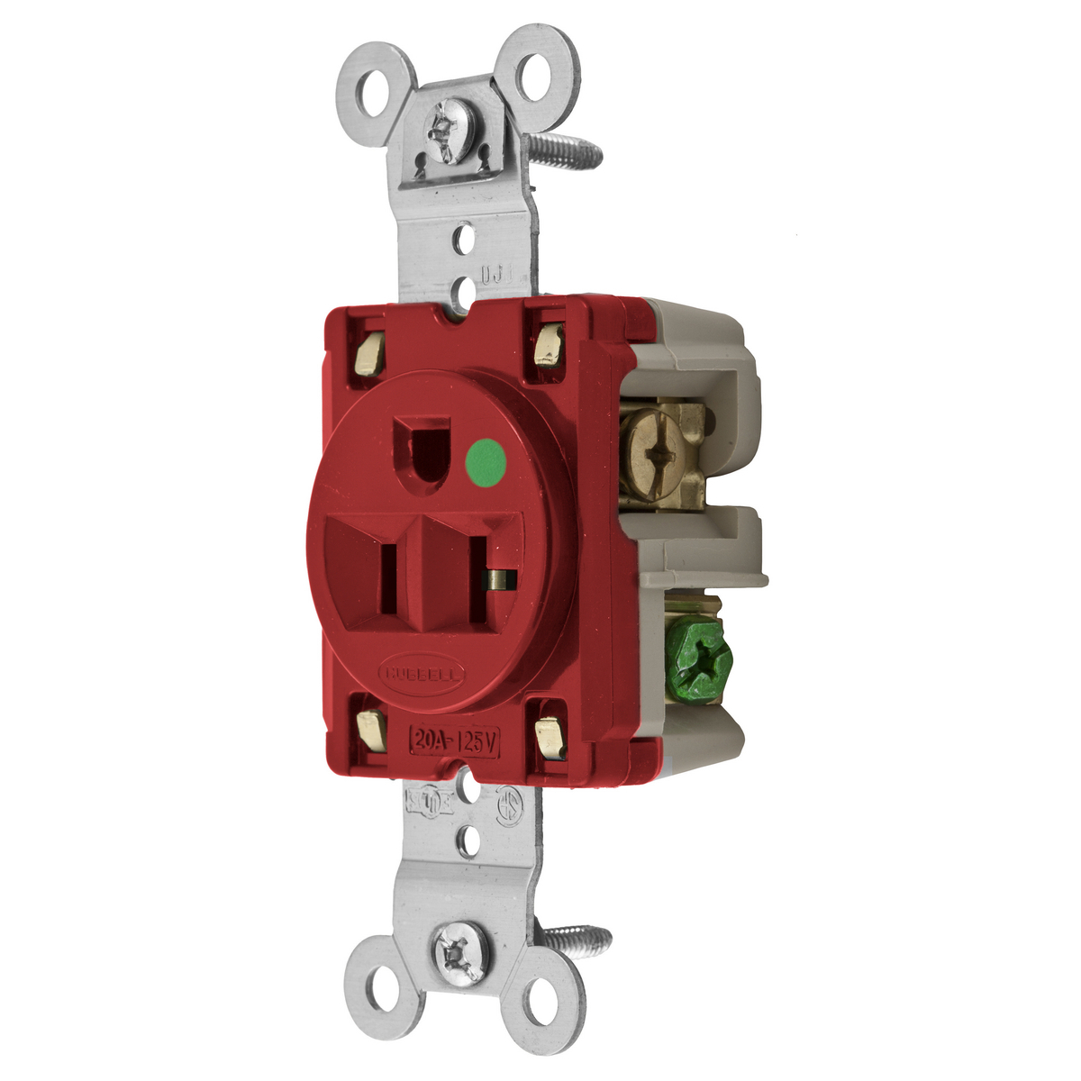 Straight Blade Devices, Receptacles, Single, Hospital Grade, 2-Pole 3-Wire Grounding, 20A 125V, 5-20R, Red, Single Pack.