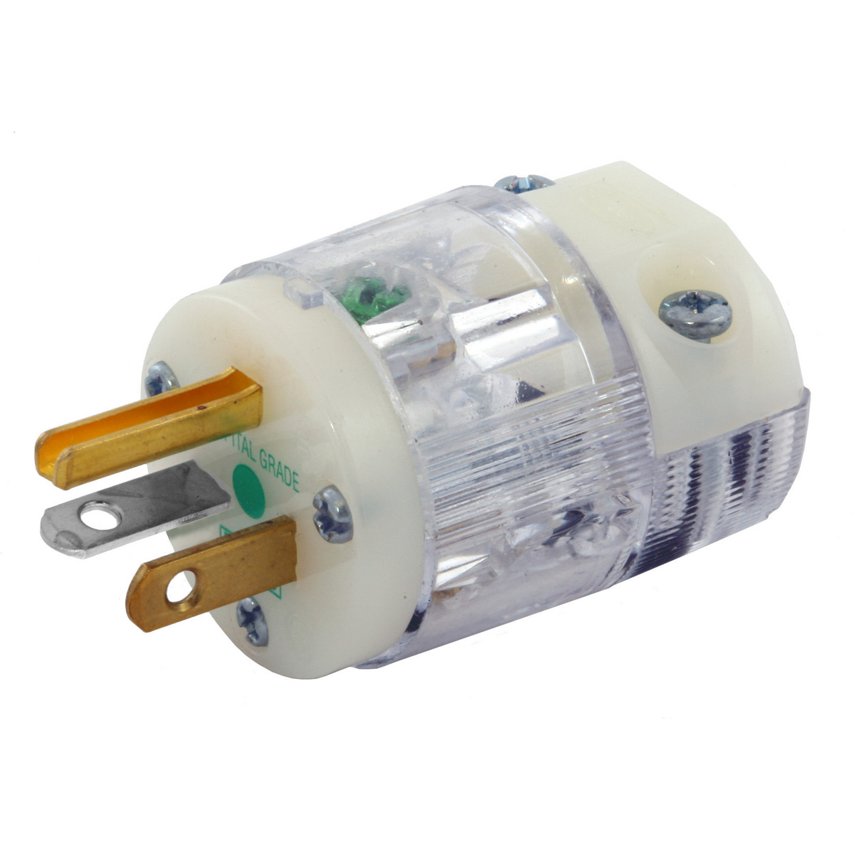 Straight Blade Devices, Male Plug, Insulgrip, Hospital Grade, Straight, 2-Pole 3-Wire Grounding, 20A 125V, 5-20P, Clear, Single Pack.