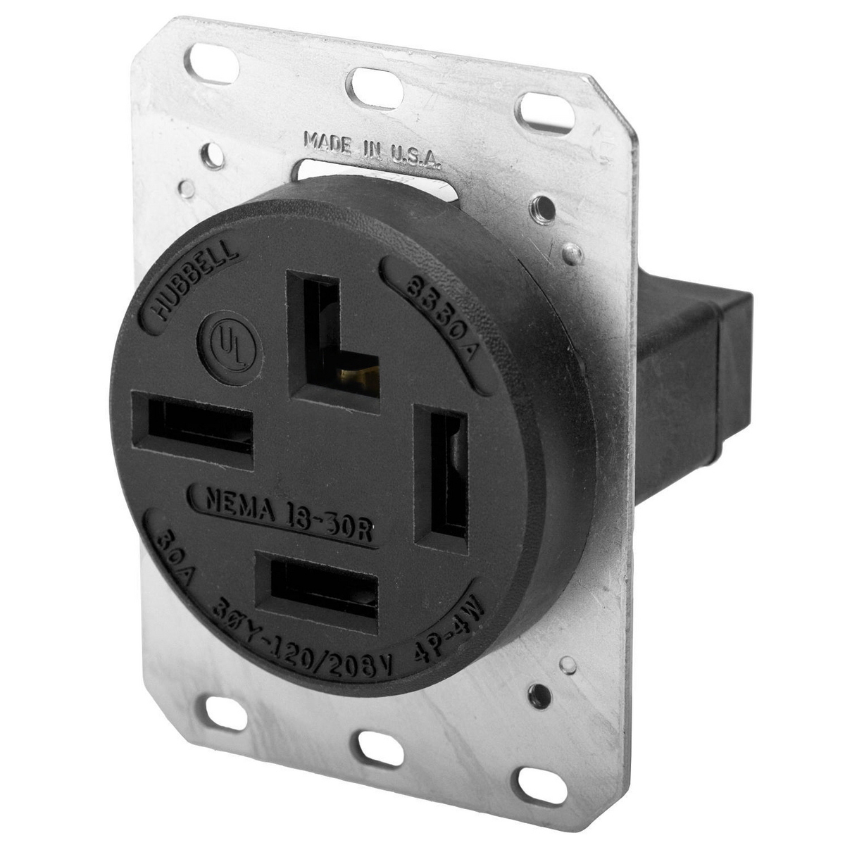 Straight Blade Devices, Receptacles, 4-Pole 4-Wire non Grounding receptacles and plugs, 30A 3 Phase,120/208 V, 18-30R, Black, Single Pack.