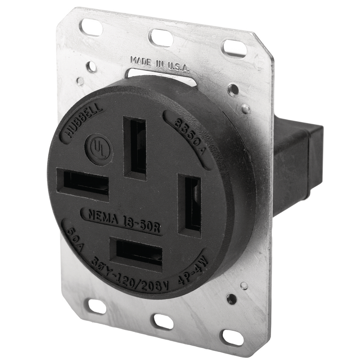 Straight Blade Devices, Receptacles, 4-Pole 4-Wire non Grounding receptacles and plugs, 50A 3 Phase,120/208 V, 18-50R, Black, Single Pack.