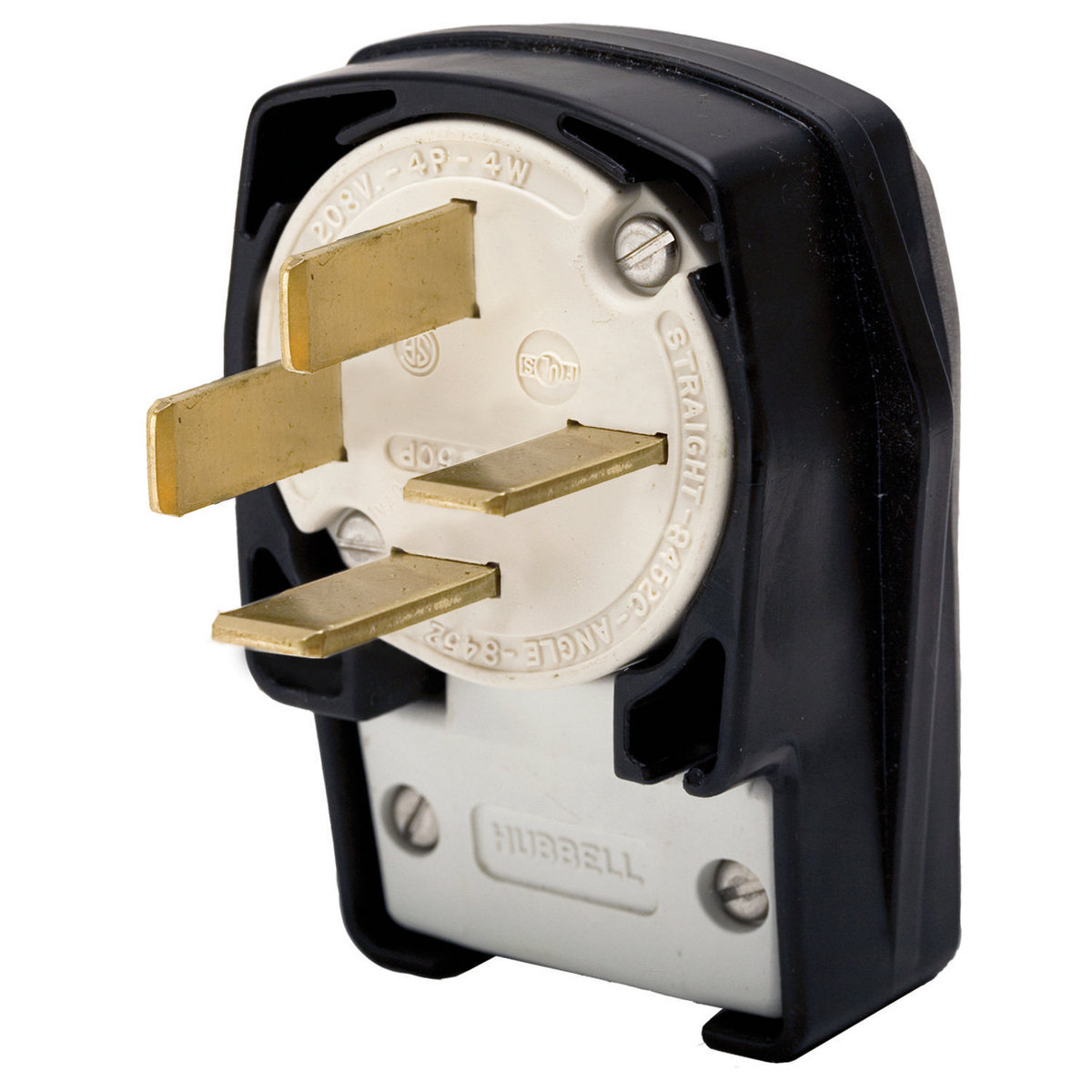 Straight Blade Devices, Male Plug, Heavy Duty, Industrial/Commercial Grade, Straight, 4-Pole 4-Wire non Grounding, 50A 3 Phase, 120/208V AC, 18-50P, Black and White, Single Pack.