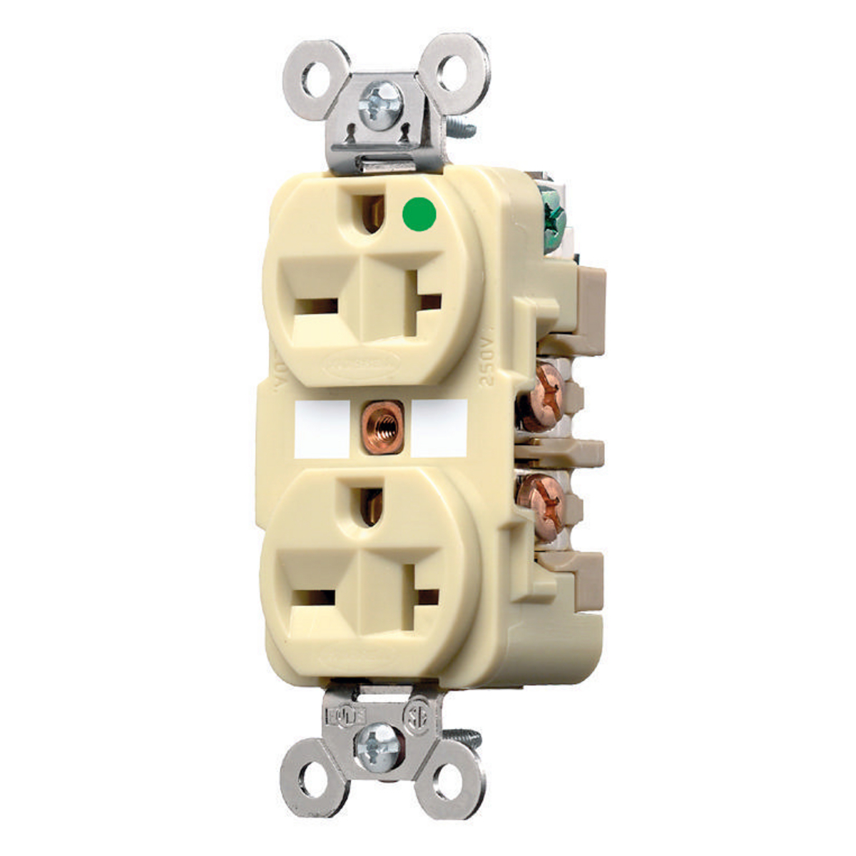 Straight Blade Devices, Receptacles, Duplex, Hospital Grade, 2-Pole 3-Wire Grounding, 20A 250V, 6-20R, Ivory, Single Pack.