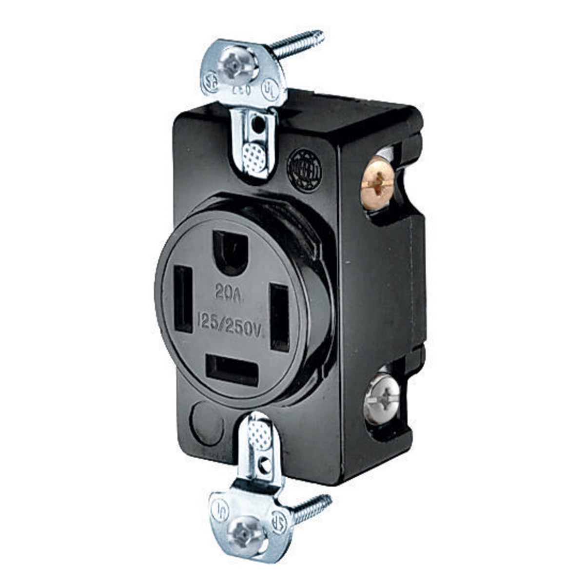 Straight Blade Devices, Receptacles, Flush Receptacle, Industrial Grade, 3-Pole 4-Wire Grounding, 20A 125/250V, 14-20R, Black, Single Pack.