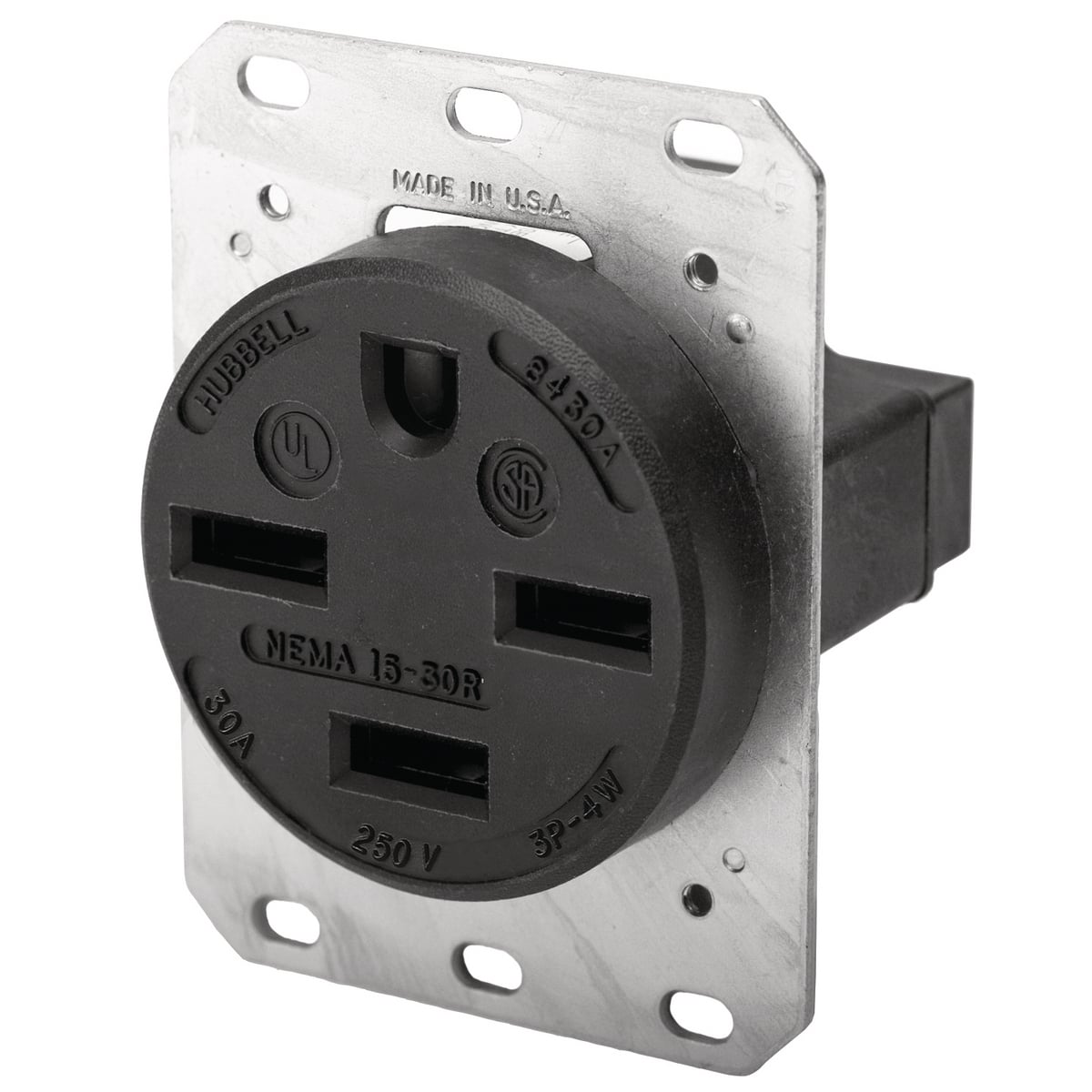 Straight Blade Devices, Receptacles, Flush Receptacle, Industrial Grade, 3-Pole 4-Wire Grounding, 30A 3 Phase 250V AC, 15-30R, Black, Single Pack.