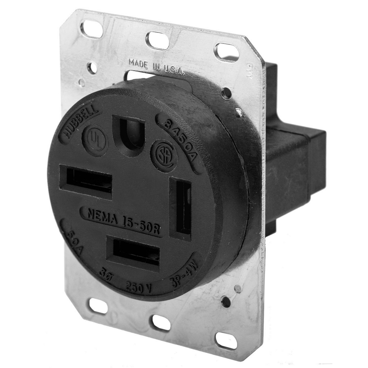 Straight Blade Devices, Receptacles, Flush Receptacle, Industrial Grade, 3-Pole 4-Wire Grounding, 50A 3 Phase 250V AC, 15-50R, Black, Single Pack.