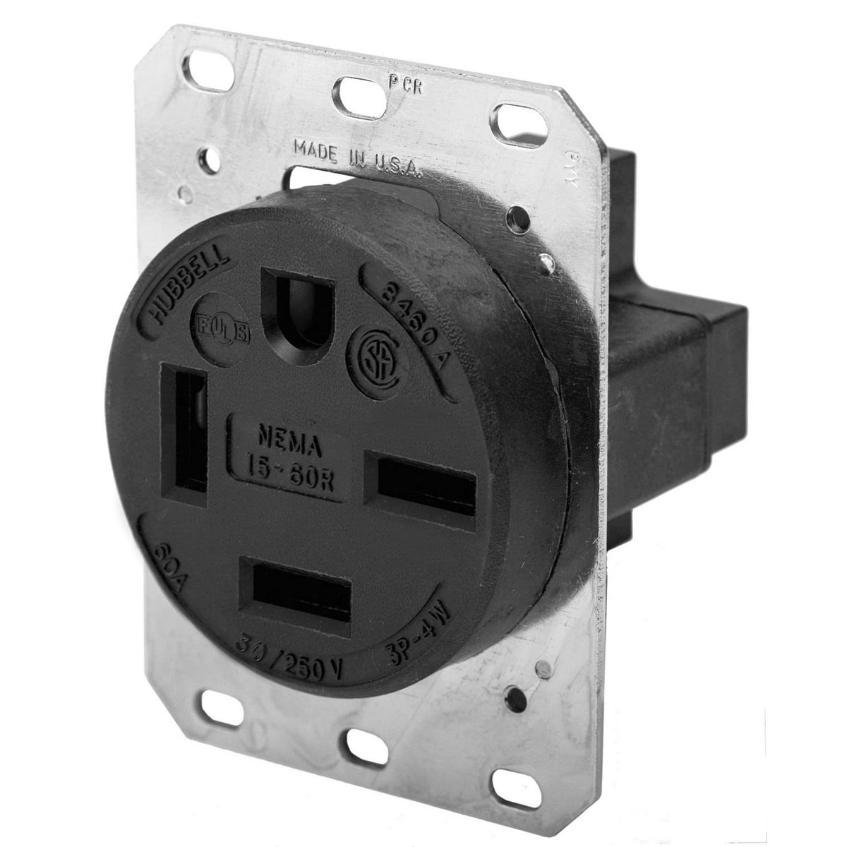 Straight Blade Devices, Receptacles, Flush Receptacle, Industrial Grade, 3-Pole 4-Wire Grounding, 60A 3 Phase 250V AC, 15-60R, Black, Single Pack.