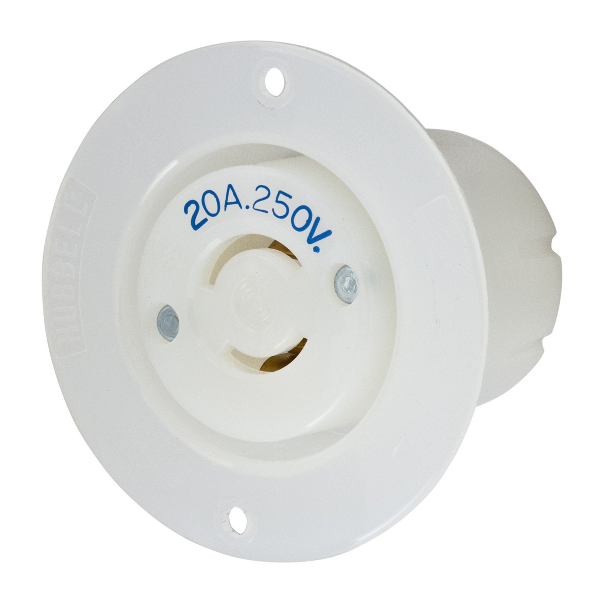 Locking Devices, Twist-Lock, Industrial, Insulgrip Flanged Receptacle, 20A 250V, 2-Pole 2-Wire Non Grounding, NEMA L2-20R, Screw Terminal, Nylon casing, Back wired, White.