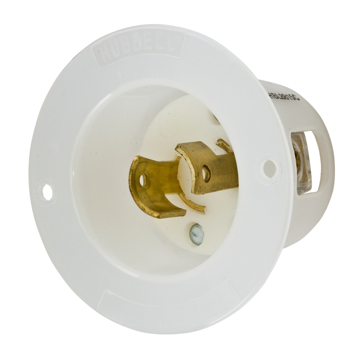 Locking Devices, Twist-Lock, Industrial, Insulgrip Flanged Inlet, 20A 250V AC, 2-Pole 2-Wire Non Grounding, NEMA L2-20P, Screw Terminal, Nylon casing, Back wired, Polarized, White.