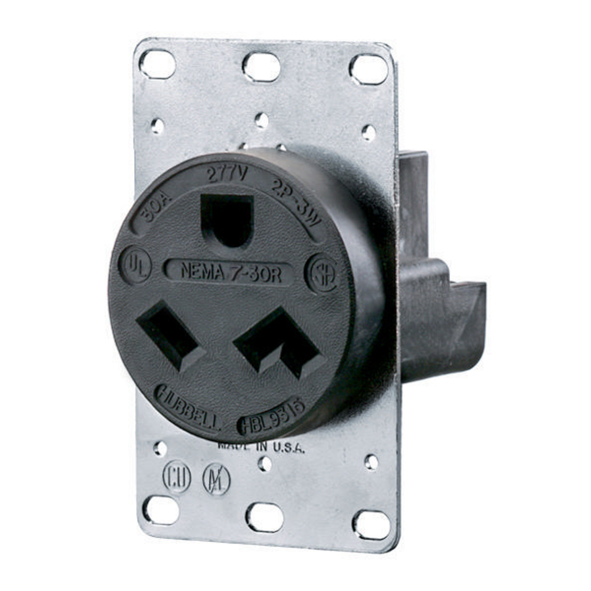 Straight Blade Devices, Receptacles, RTP, Industrial Grade, 2-Pole 3-Wire Grounding, 30A 277V AC, 7-30R, Black, Single Pack.