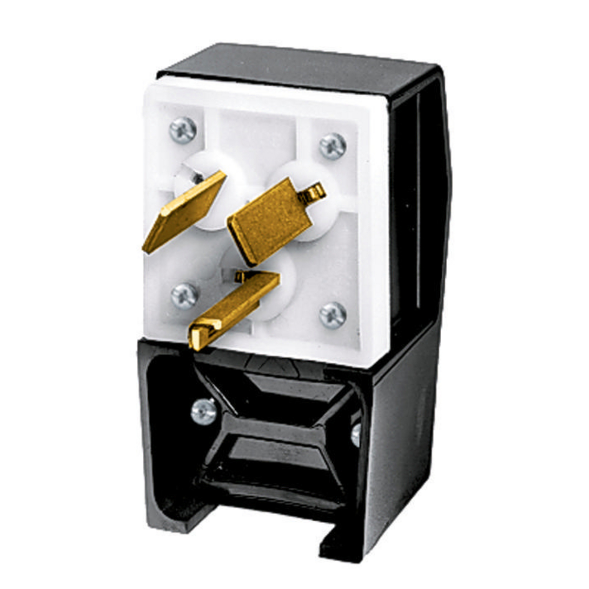 Straight Blade Devices, Male Plug, Nylon, 4-Position, Heavy Duty, Industrial/Commercial Grade, Angled, 2-Pole 3-Wire Grounding, 30A 125/250V, 10-30P, Black, Single Pack.