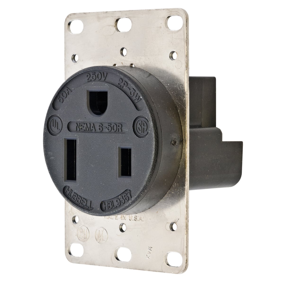 Straight Blade Devices, Receptacles, RTP, Industrial Grade, 2-Pole 3-Wire Grounding, 50A 250V, 6-50R, Black, Single Pack.