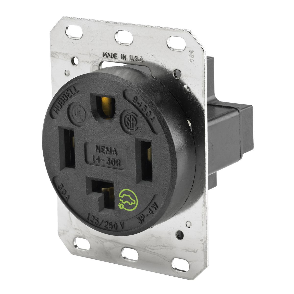 Straight Blade Devices, Receptacles, RTP, Industrial Grade, 3-Pole 4-Wire Grounding, 30A 125/250V, 14-30R, Black, Single Pack.
