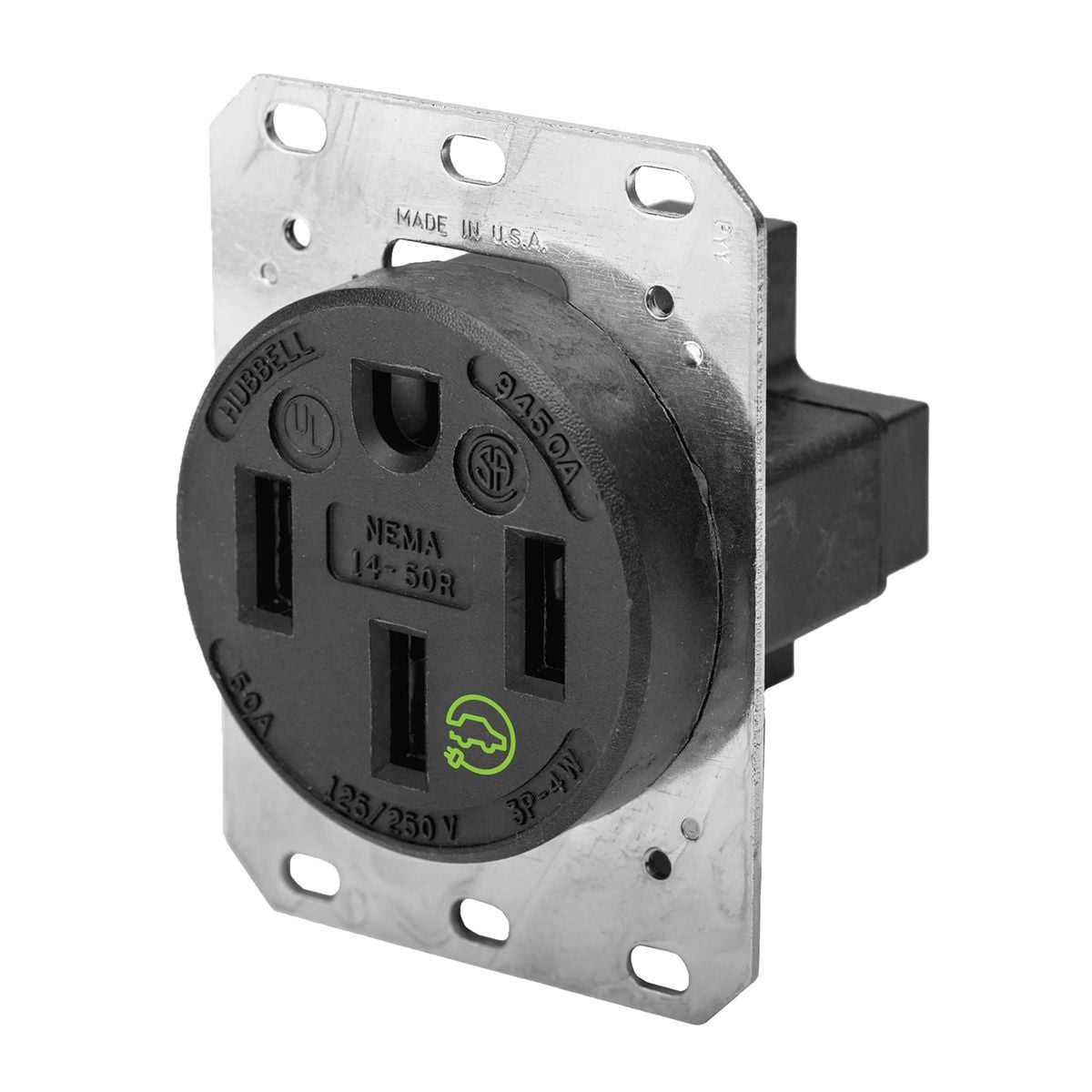 Straight Blade Devices, Receptacles, RTP, Industrial Grade, 3-Pole 4-Wire Grounding, 50A 125/250V, 14-50R, Black, Single Pack.
