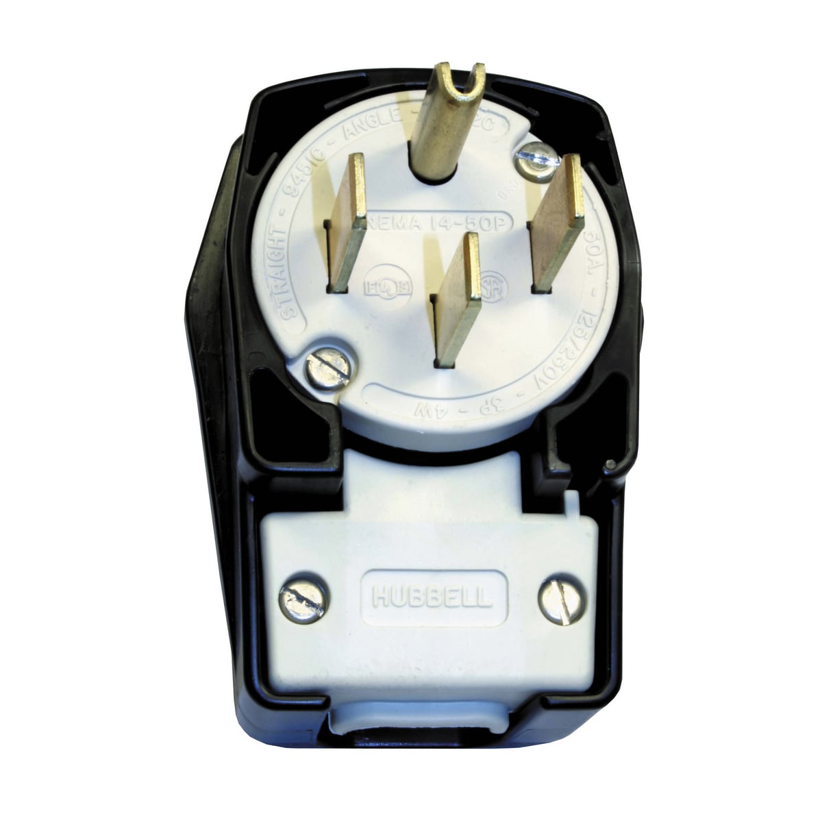 Straight Blade Devices, Male Plug, Nylon, 4-Position, Heavy Duty, Industrial/Commercial Grade, Angled, 3-Pole 4-Wire Grounding, 50A 125/250V, 14-50P, Black, Single Pack.