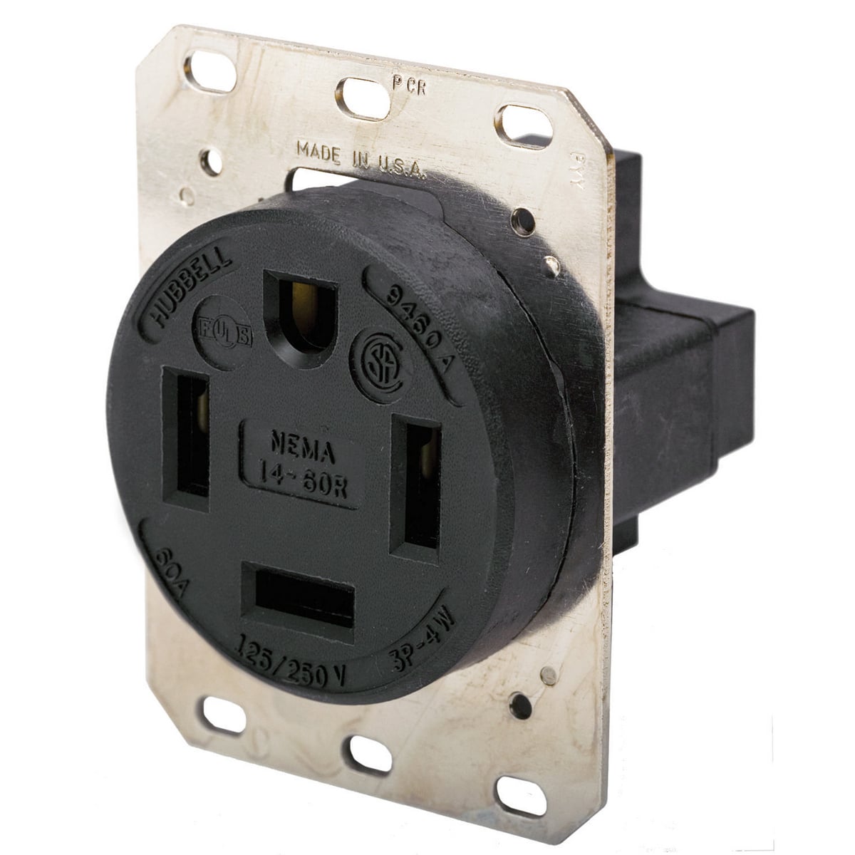 Straight Blade Devices, Receptacles, RTP, Industrial Grade, 3-Pole 4-Wire Grounding, 60A 125/250V, 14-60R, Black, Single Pack.