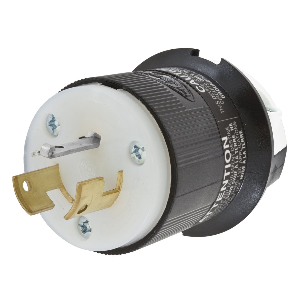 Locking Devices, Twist-Lock, Industrial, Male Insulgrip Plug, 20A 125/250V, 3-Pole 3-Wire Non Grounding, Non-NEMA, Screw Terminal, Black and White nylon.