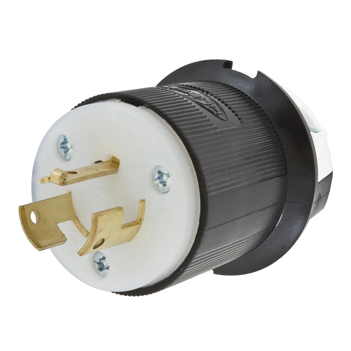 Locking Devices, Twist-Lock, Industrial, Male Insulgrip Plug, 20A 250V, 2-Pole 3-Wire Grounding, Non-NEMA, Screw Terminal, Black and White nylon.