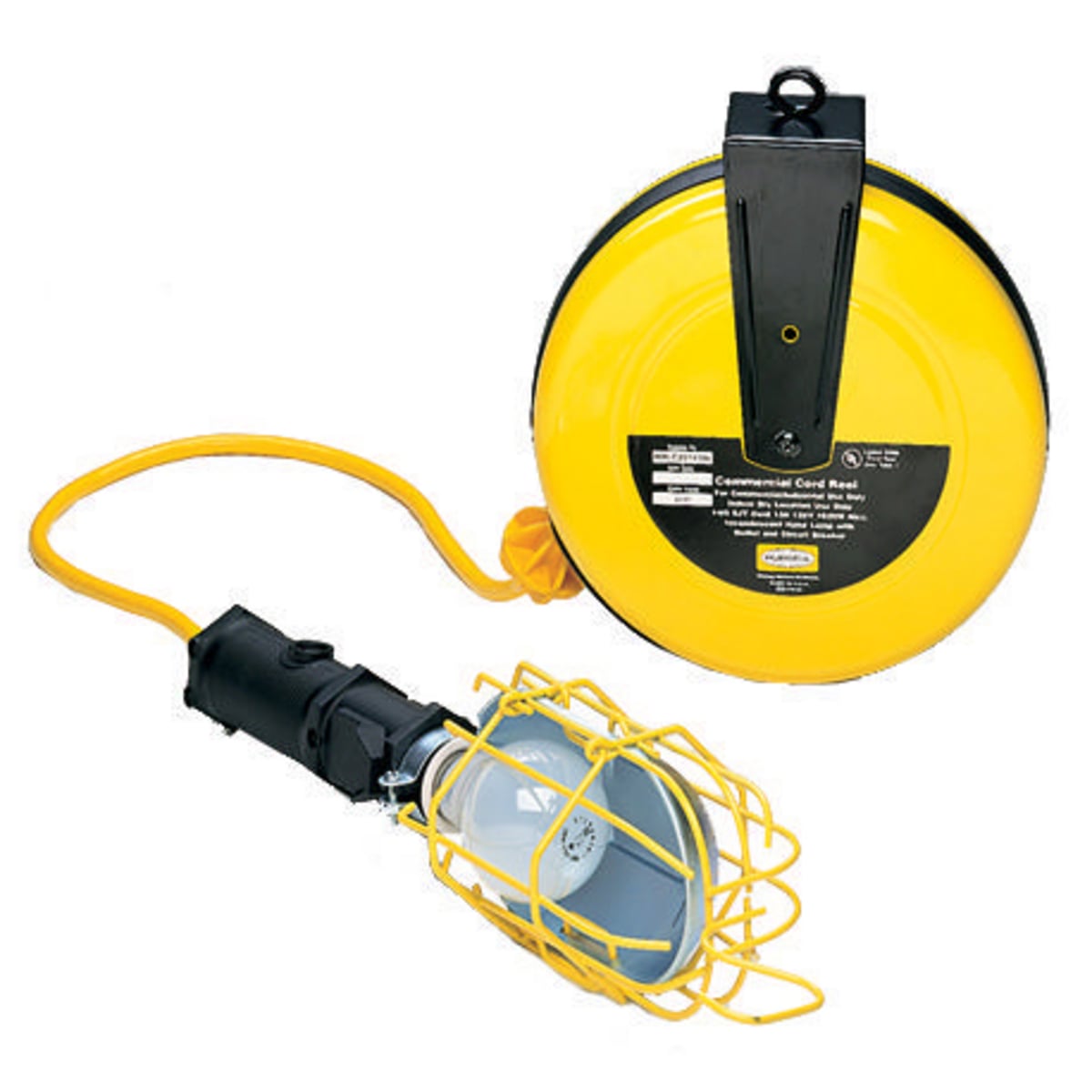 Cord and Cable Reels, Commercial Cord Reel, 25', With Incandescent Lamp, Receptacle, Circuit Breaker, Yellow