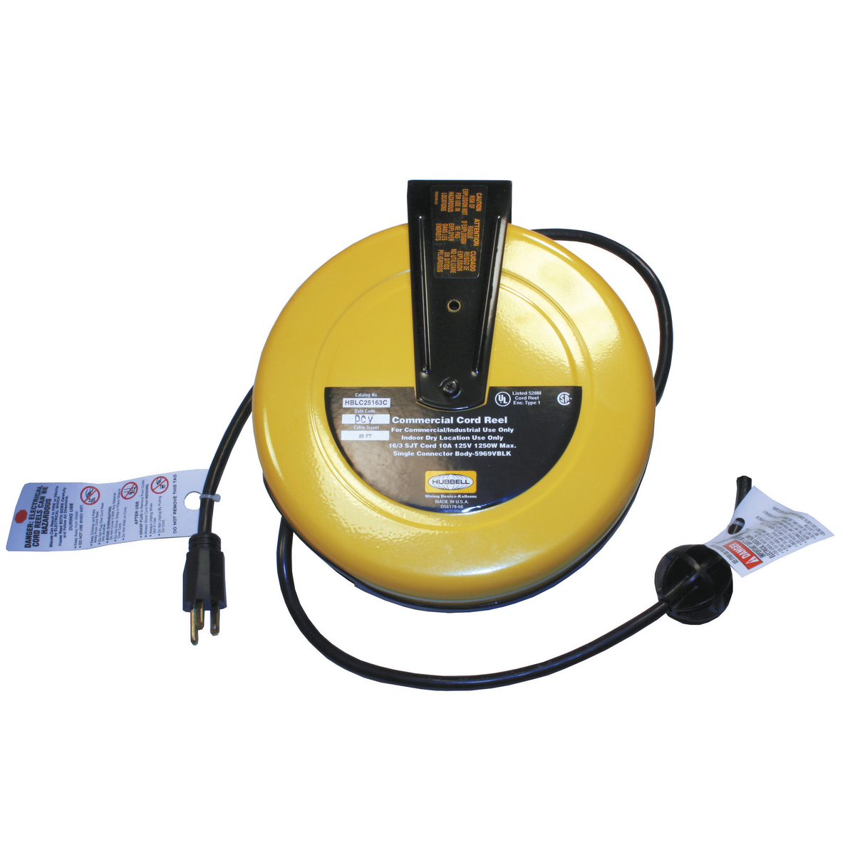 Cord and Cable Reels, Commercial Cord Reel, 25' With Wire Leads, Yellow
