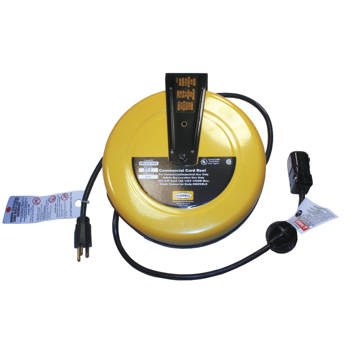 Cord and Cable Reels, Commercial Cord Reel, 25' With HBL5969VBLK Connector Body, Yellow
