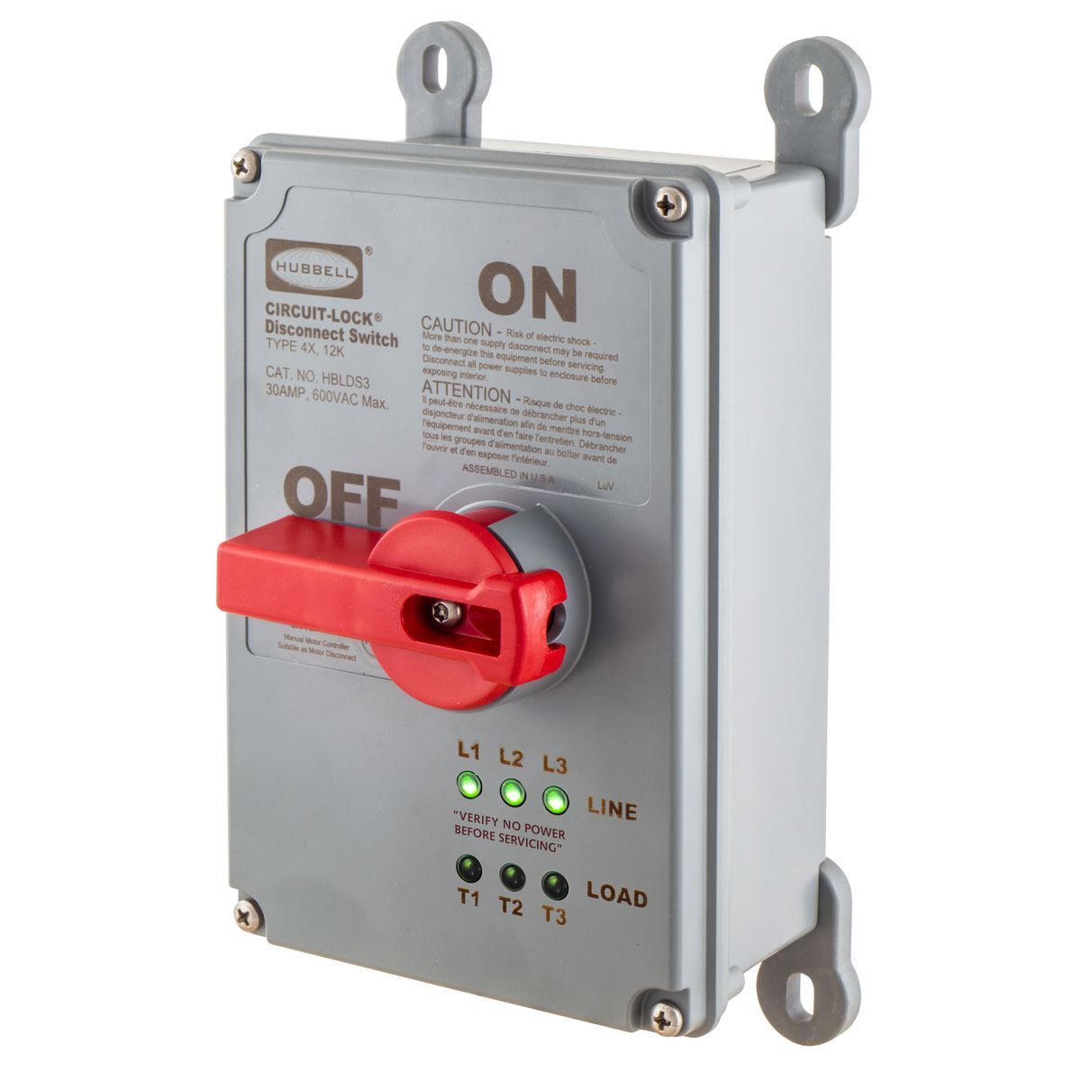 Disconnect Switches, 30A 600V AC, 3-Pole,Unfused, NEMA 4X Enclosure, LED Illumination