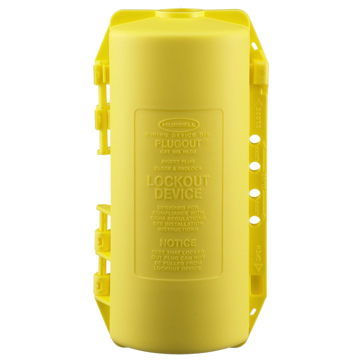 Twist-Lock Devices, Accessories, PLUGOUT Lockout device for 20 and 30A 3 wire angle plugs and watertight Safety-Shroud Twist-Lock plugs, Yellow