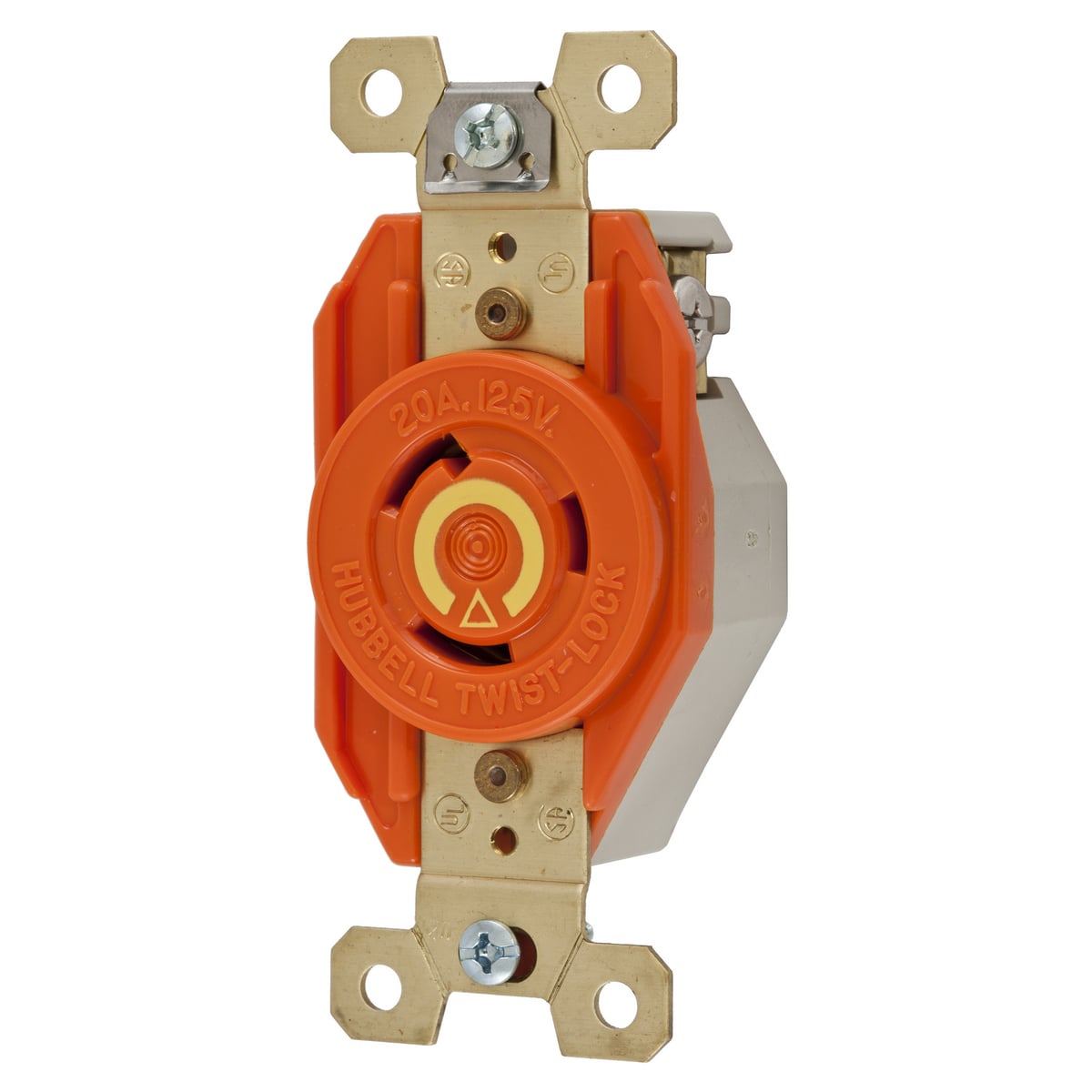 Locking Devices, Twist-Lock, Isolated Ground Industrial, Single Flush Receptacle, 20A 125V, 2-Pole 3-Wire Grounding, NEMA L5-20R, Screw Terminal, Orange Nylon face.