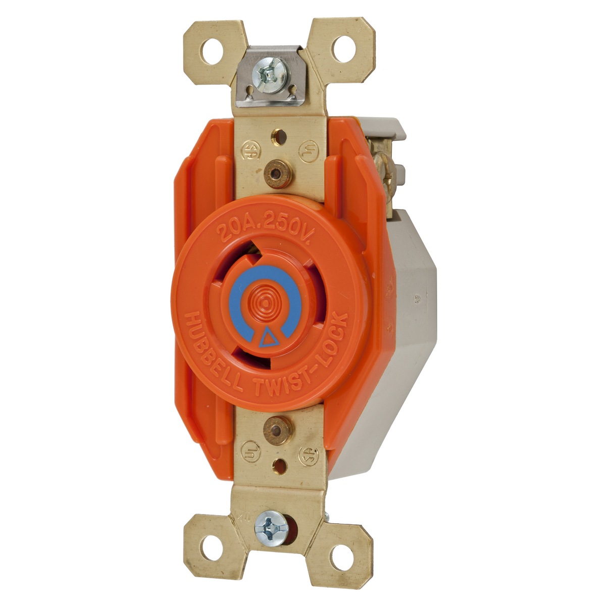 Twist-Lock Devices, Single Flush Receptacle 20A, 250V AC, 2 Pole, 3 Wire Grounding, NEMA L6-20R, Isolated ground, nylon, Orange