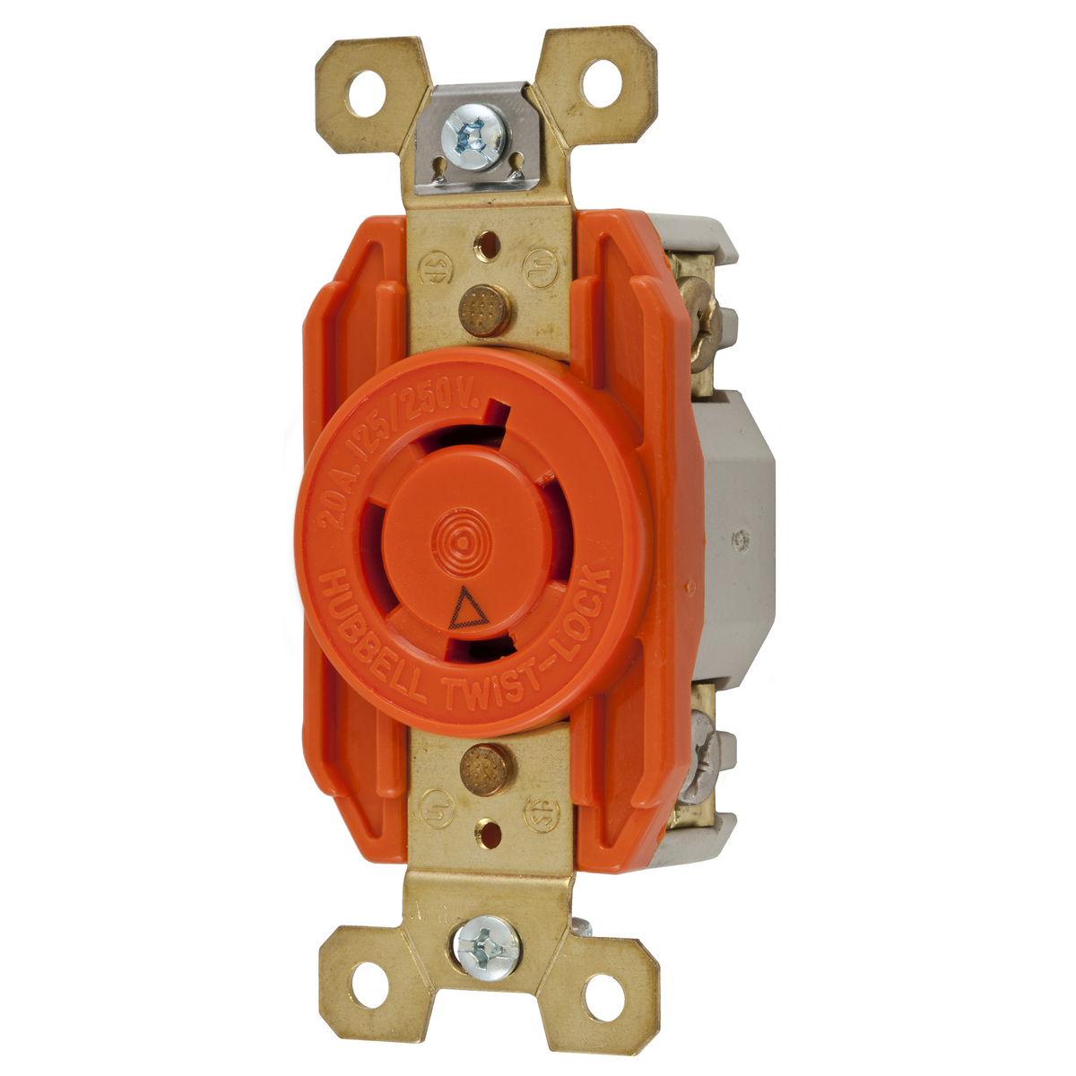 Locking Devices, Twist-Lock, Isolated Ground Industrial, Single Flush Receptacle, 20A 125/250V, 3-Pole 4-Wire Grounding, NEMA L14-20R, Screw Terminal, Nylon, Orange.