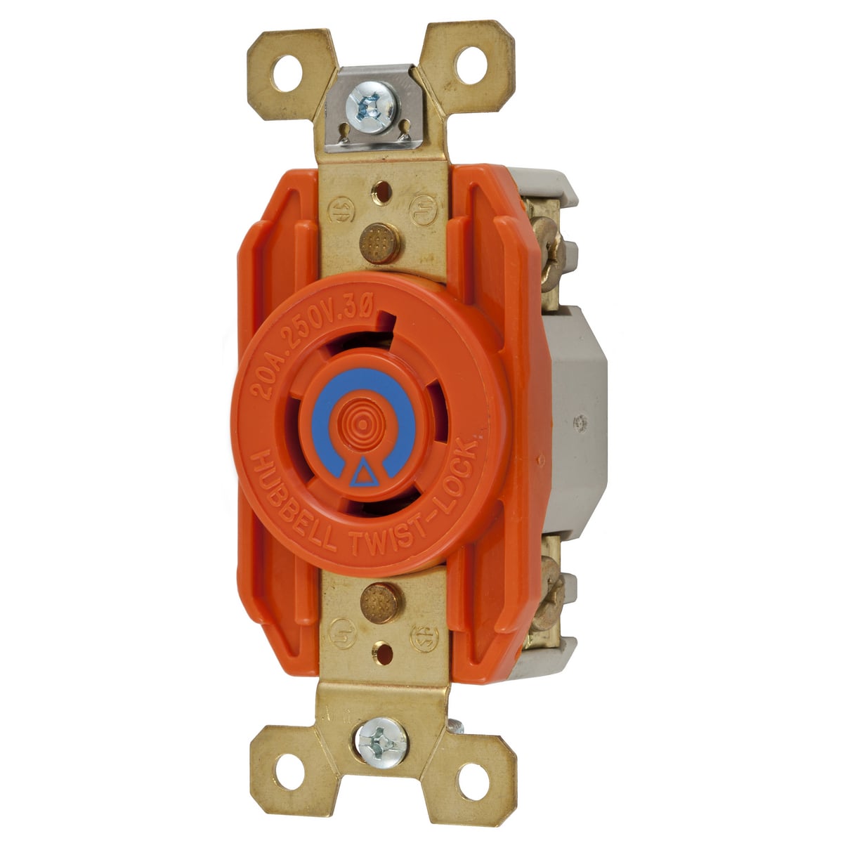 Twist-Lock Devices, Single Flush Receptacle 20A, 3 Phase 250V AC, 3 Pole, 4 Wire Grounding, NEMA L15-20R, Isolated ground, nylon, Orange