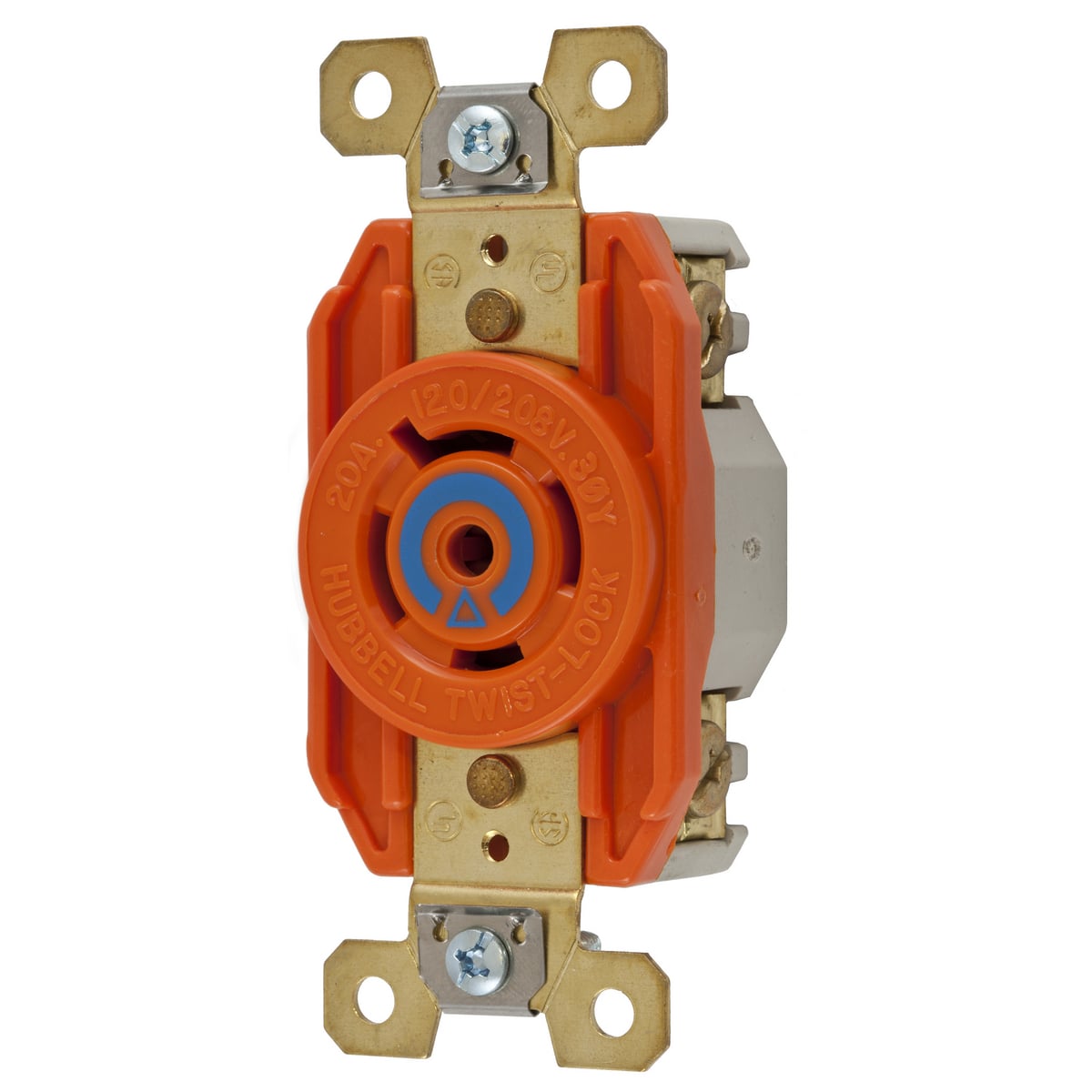Twist-Lock Devices, Single Flush Receptacle 20A, 3 Phase Y 120/208V AC, 4 Pole, 5 Wire Grounding, NEMA L21-20R, Isolated ground, nylon, Orange