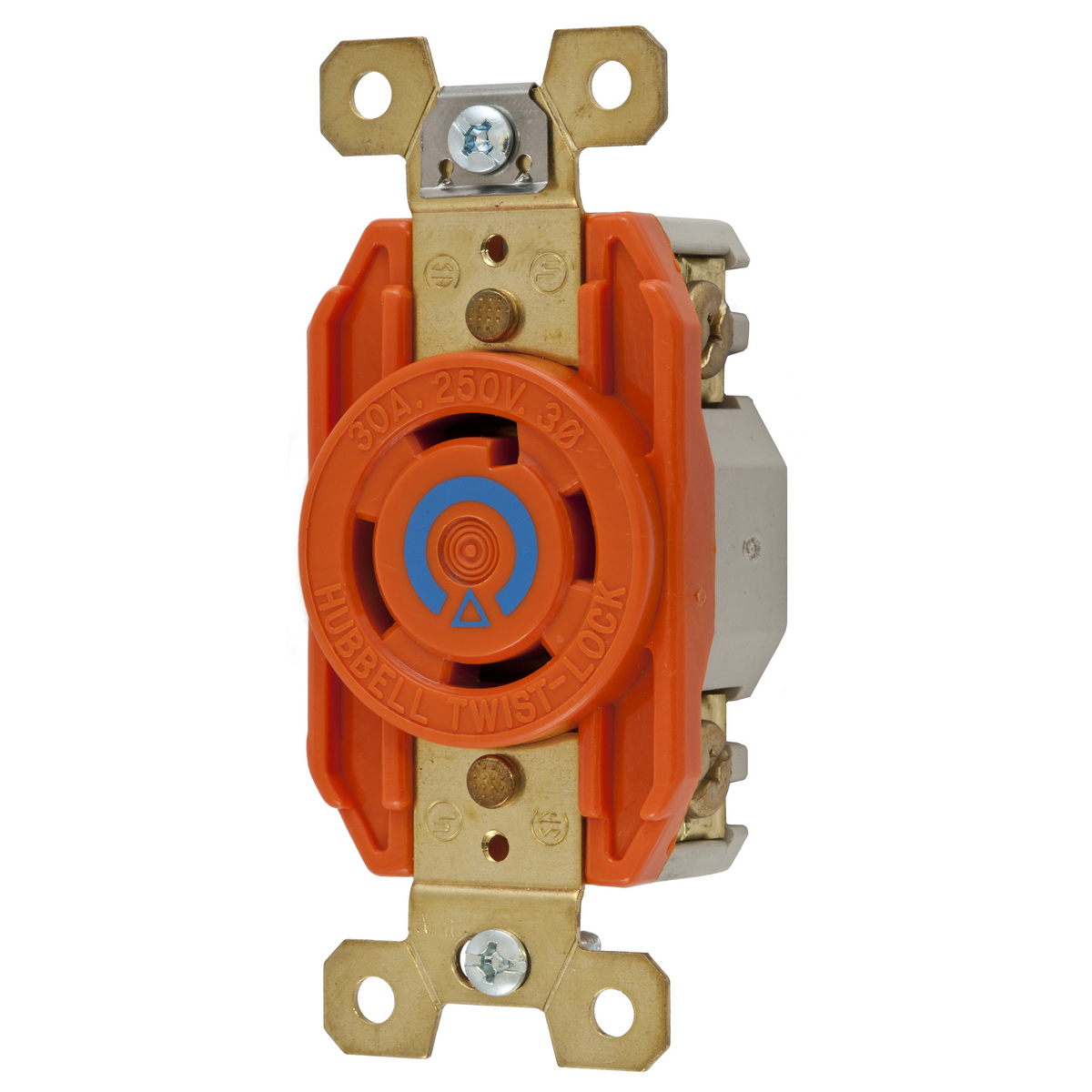 Locking Devices, Twist-Lock, Isolated Ground Industrial, Flush Receptacles, 30A 3-Phase Delta 250V AC, 3-Pole 4-Wire Grounding, L15-30R, Screw Terminal, Orange