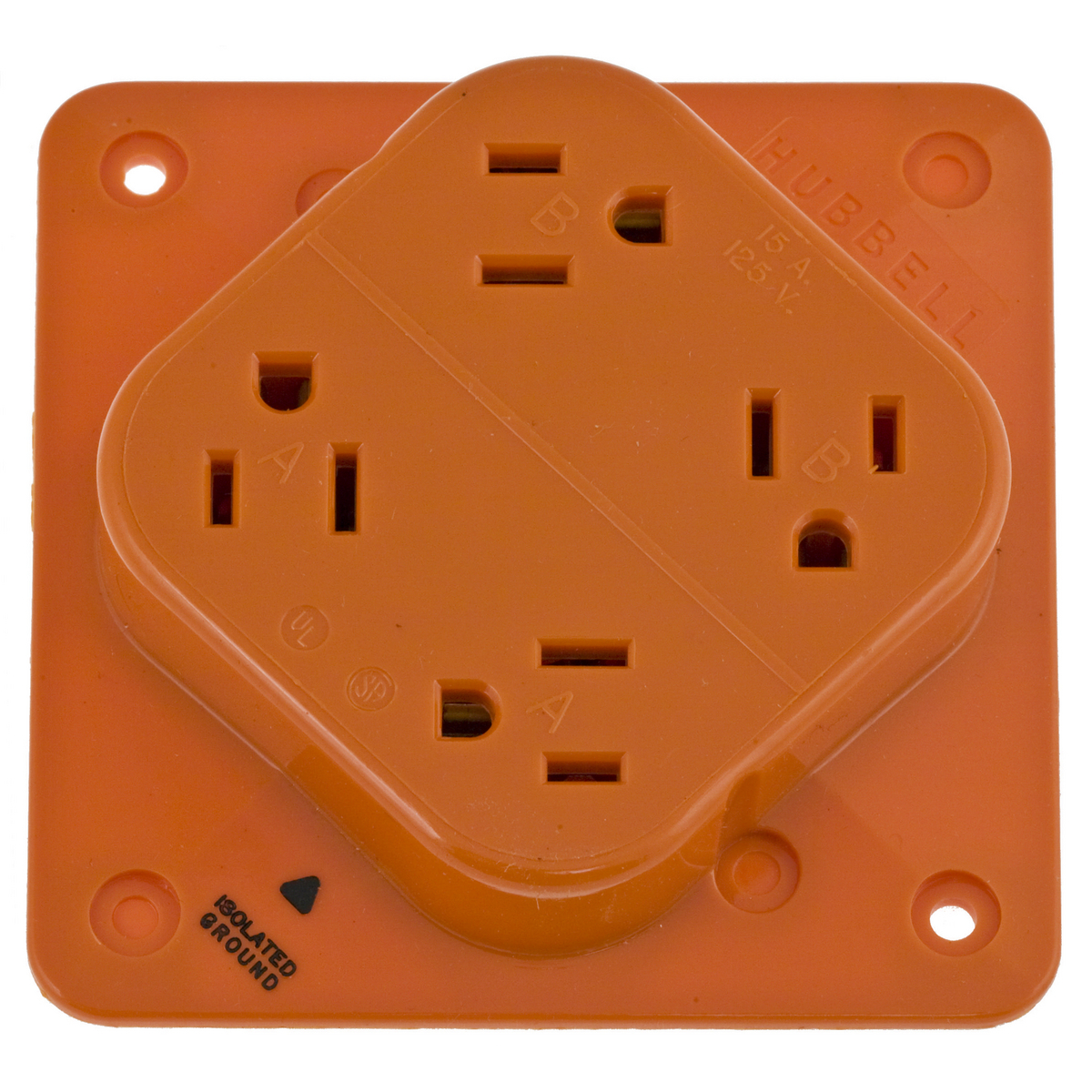 Straight Blade Devices, Receptacles, Duplex, Commercial Grade, Isolated Ground, 4-Plex, 2-Pole 3-Wire Grounding, 15A 125V, 5-15R, Orange, Single Pack.