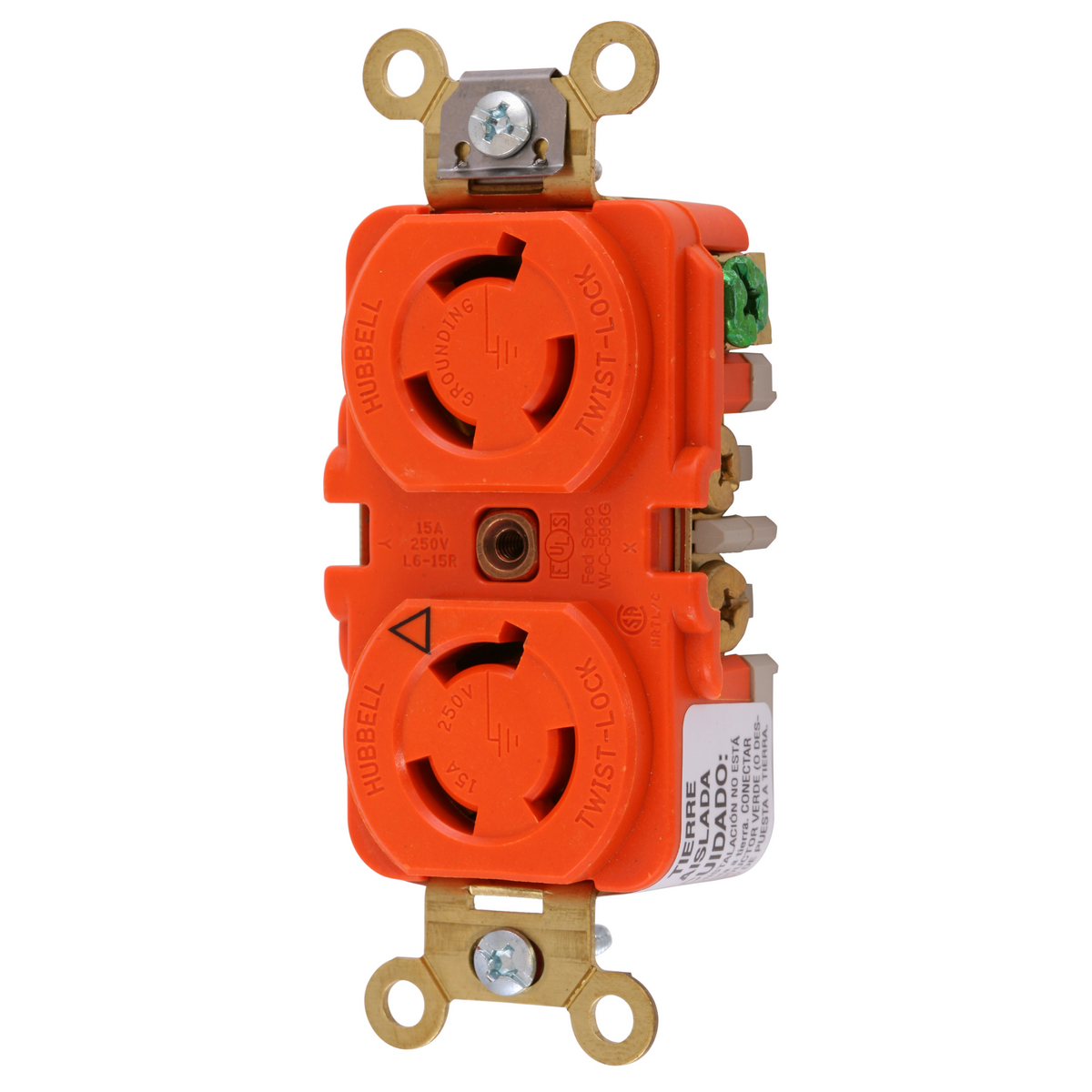 Locking Devices, Twist-Lock, Isolated Ground Industrial, Duplex Receptacle, 15A 250V, 2-Pole 3-Wire Grounding, NEMA L6-15R, Screw Terminal, Orange.