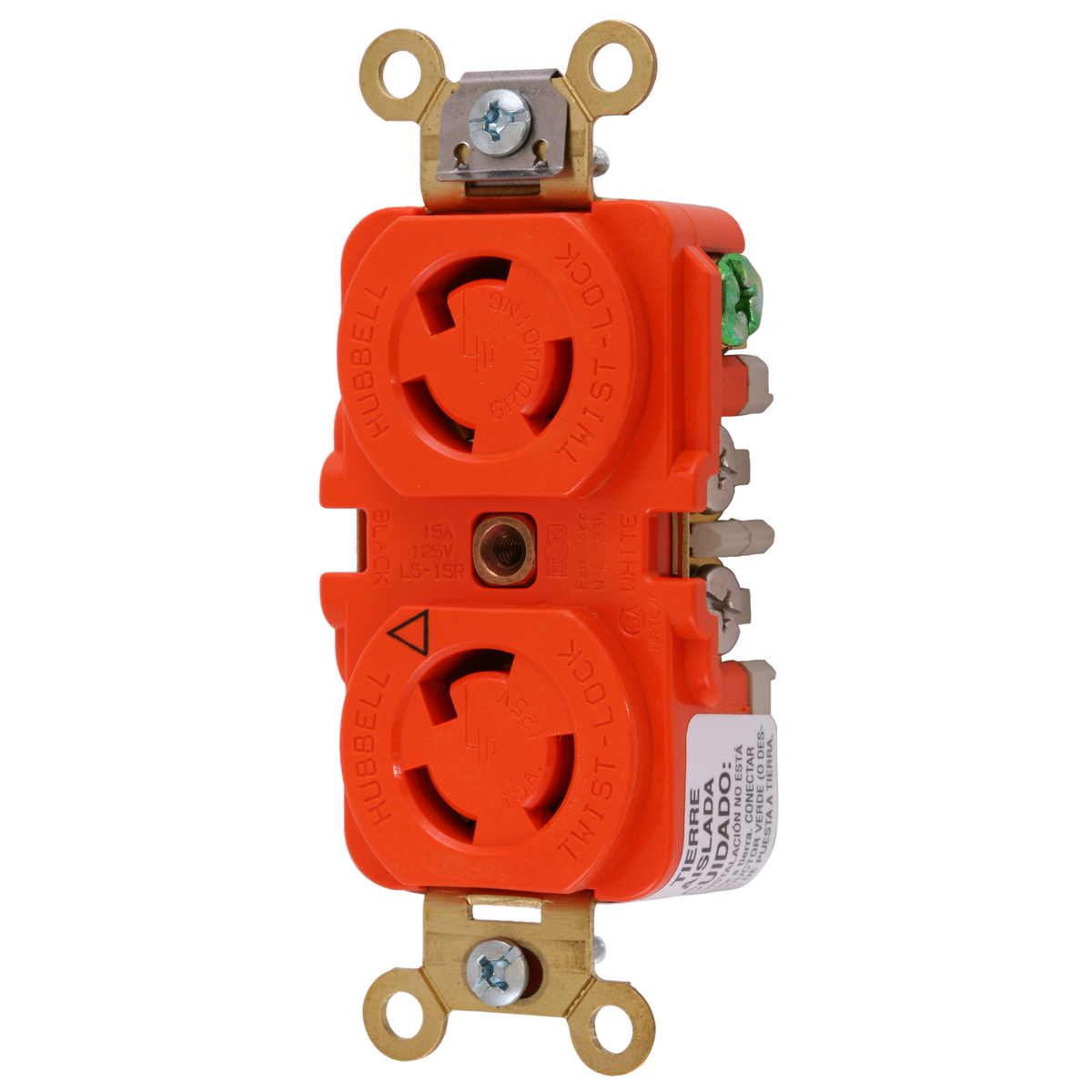 Locking Devices, Twist-Lock, Isolated Ground Industrial, Duplex Receptacle, 15A 125V, 2-Pole 3-Wire Grounding, NEMA L5-15R, Screw Terminal, Orange.