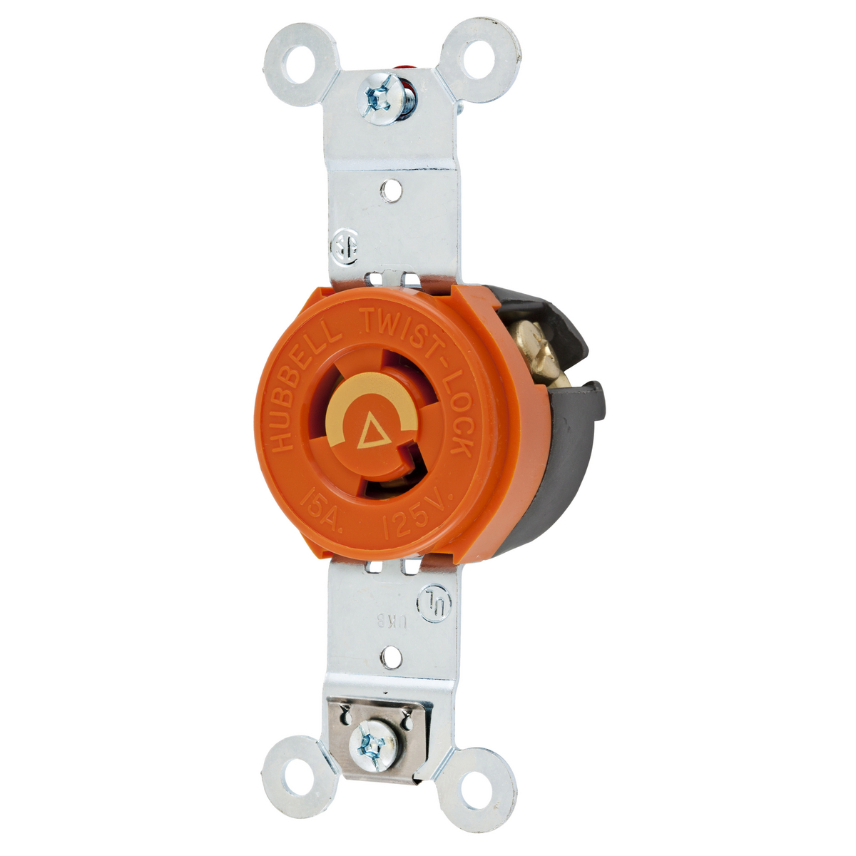 Locking Devices, Twist-Lock, Isolated Ground Industrial, Single Receptacle, 15A 125V, 2-Pole 3-Wire Grounding, NEMA L5-15R, Screw Terminal, Orange.