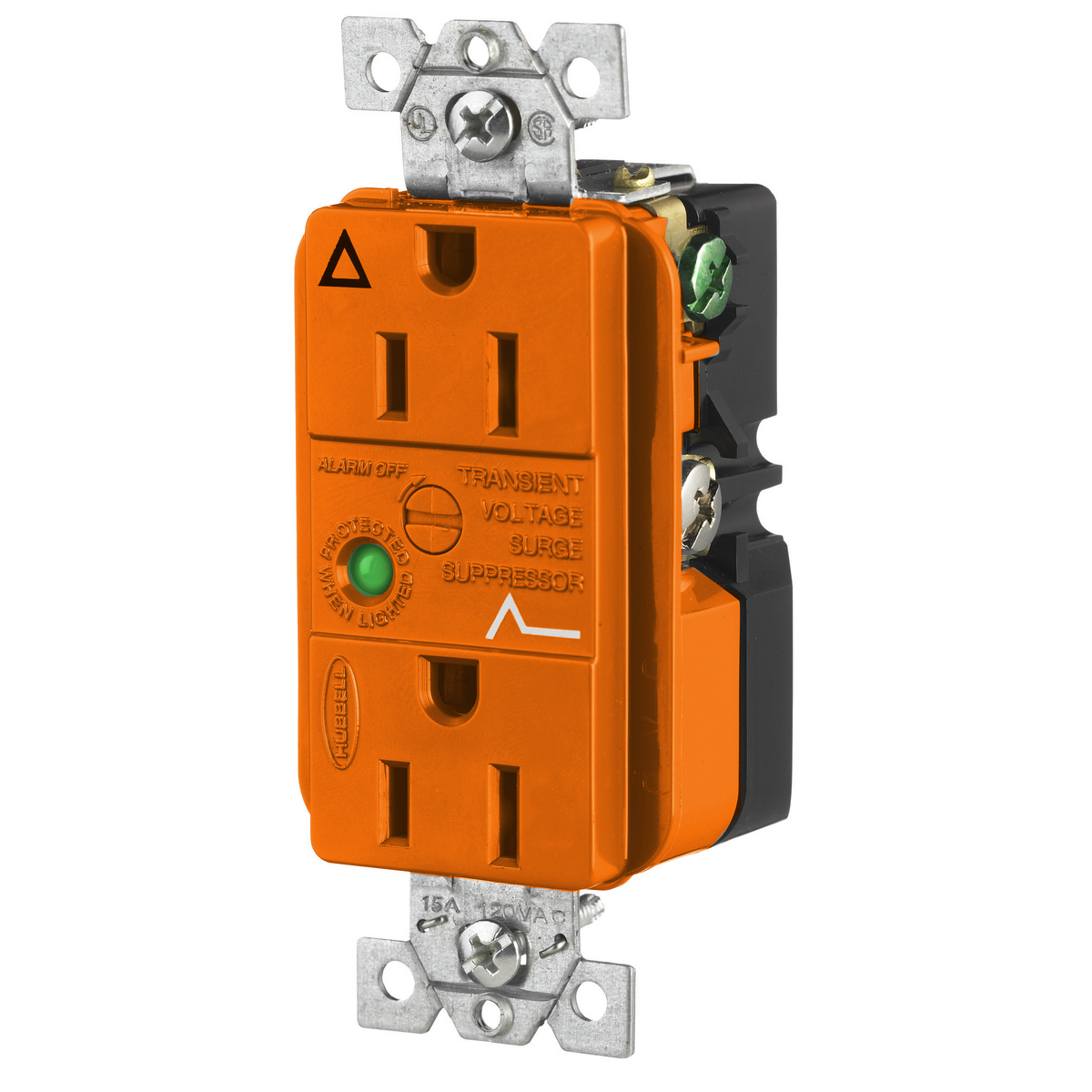 Surge Protective Devices, SPIKESHIELD IG TVSS Duplex Receptacle with Light and Alarm, 15A 125V, 5-15R, Orange