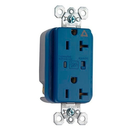 Isolated Ground Surge Protective Duplex Receptacle offers increased transient protection, reliability and protection notification (Audible Alarm with LED Indicator). Back and, Side Wire, 20amp 125volt, Blue.