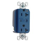 Isolated Ground Surge Protective Duplex Receptacle offers increased transient protection, reliability and protection notification (Audible Alarm with LED Indicator). Back and, Side Wire, 20amp 125volt, Blue.
