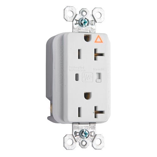 Isolated Ground Surge Protective Duplex Receptacle offers increased transient protection, reliability and protection notification (Audible Alarm with LED Indicator). Back and, Side Wire, 20amp 125volt, White.
