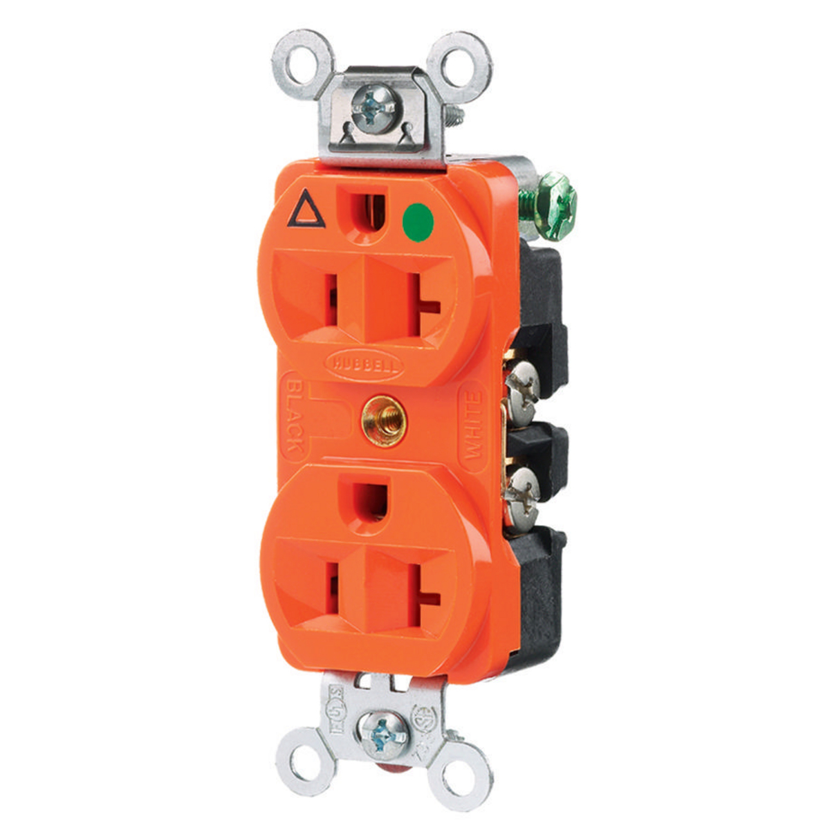 Straight Blade Devices, Receptacles, Duplex, Hospital Grade, 2-Pole 3-Wire Grounding, 20A 125V, 5-20R, Orange, Back and Side Wired, Single Pack.