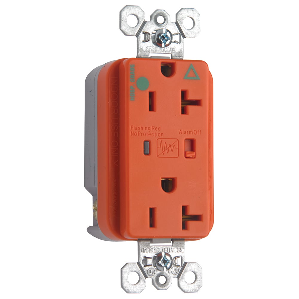 Hospital Grade Isolated Ground Surge Protective Duplex Receptacle offers increased transient protection, reliability and protection notification (Audible Alarm with LED Indicator). Back and, Side Wire, 20amp 125volt, Orange.