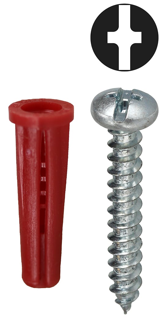 Anchor Kit, #12 x 1-1/2 IN Size, 101 pieces, Nylon material, 5/16 in. drill size, includes (1) Carbide Masonry Drill and (50) #12 x 1-1/2 IN Phillips/Slotted Head Sheet Metal Screw and (50) #23 Red Collar Anchor