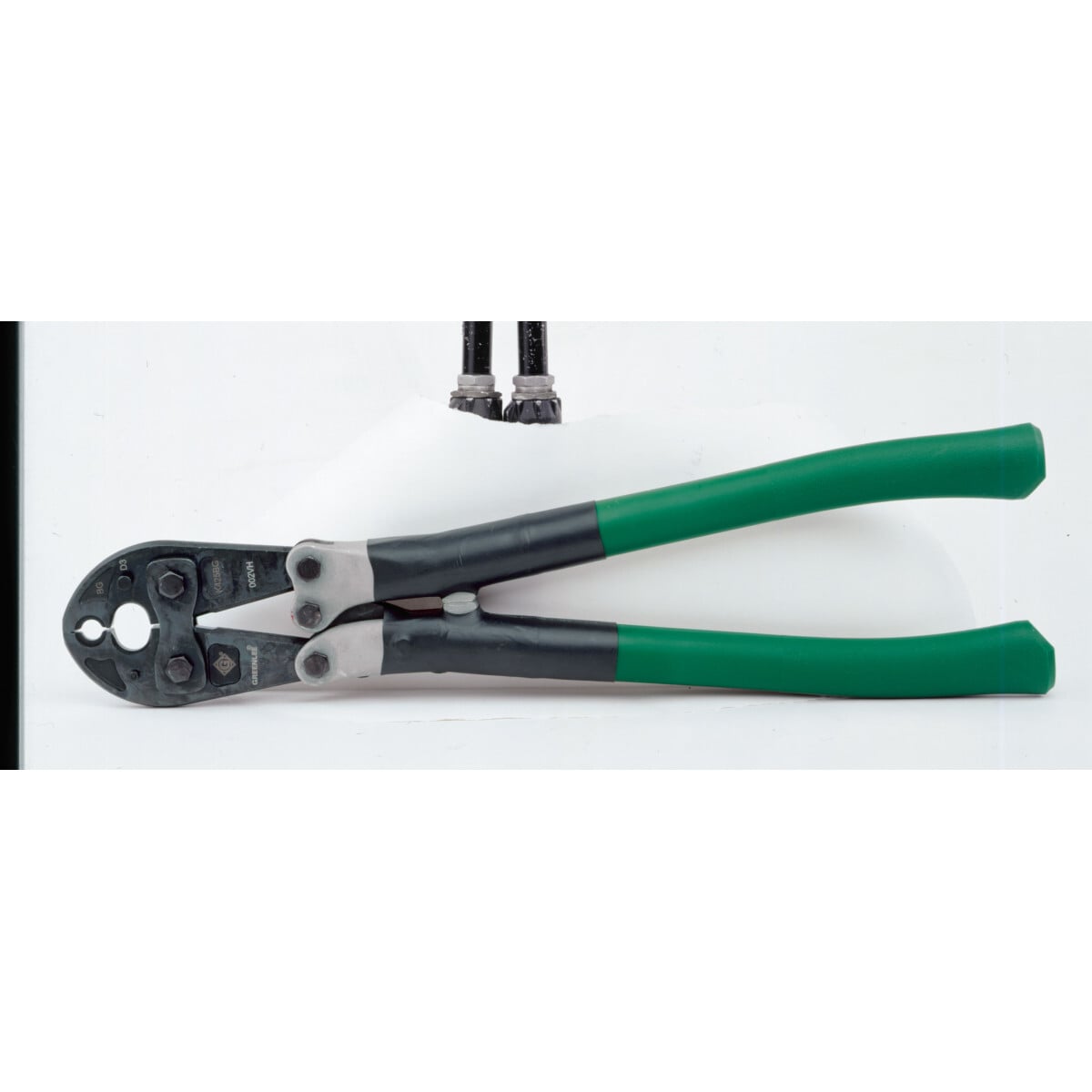 Manual Crimping Tool with D and BG Die Grooves.  Designed for crimping a wide range of overhead service entrance connections, overhead splices, and overhead taps.  Easy-to-use MD-6 type "pop" tool.  K425 tools are equipped with D, die groove and either "BG" or "O" die groove.  The D die groove serves as a die seat for all Greenlee KD6 and industry "W" type dies.  Bent fiberglass handles provide a solid grip, good leverage and better durability than wood.  Low friction-impregnated bushings at pivot joints provide smooth operation and long life.  Complete crimps are assured with an over-center cam mechanism.  Tool can easily be checked visually for proper adjustment and can be adjusted with Allen wrenches.